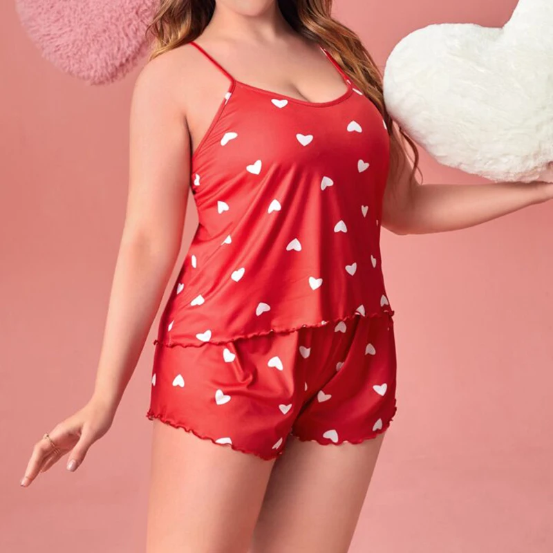 Plus-Size XL-5XL Women Pajama Set Nightgowns Cami Shorts Nightclothes  Sleeveless Nightwear Red Love Print Soft Sleepwear Summer