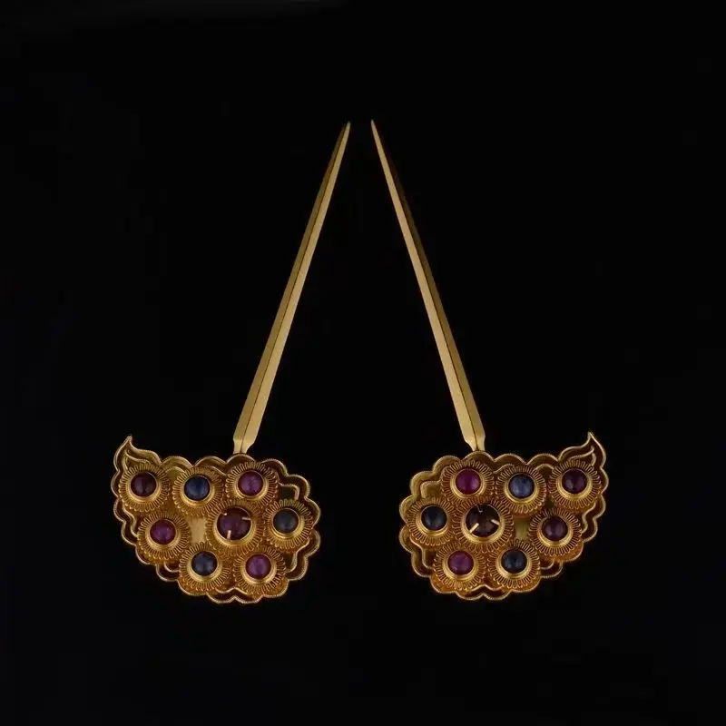 Tang Feng Gold-plated Hair Hairpin Golden Vintage Inlaid Gold Hairpin Hundred Flowers Tisi Di Bun Hair Accessories
