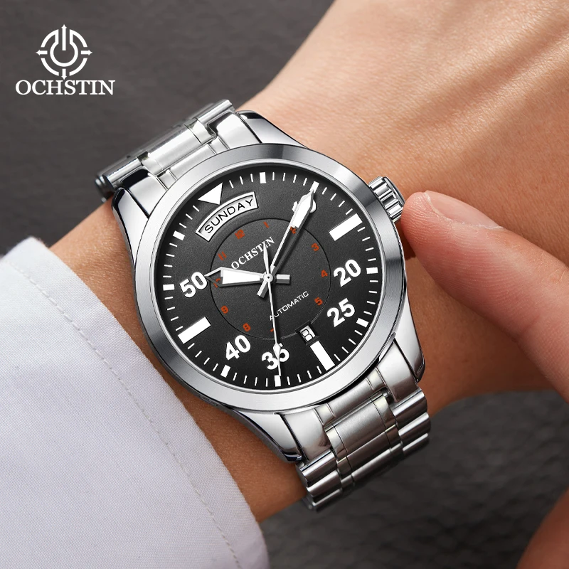 OCHSTIN Men Pilot Watch Automatic Mechanical Auto Date Day Male Business Dress Wristwatch Stainless Steel Band Push Button Clasp