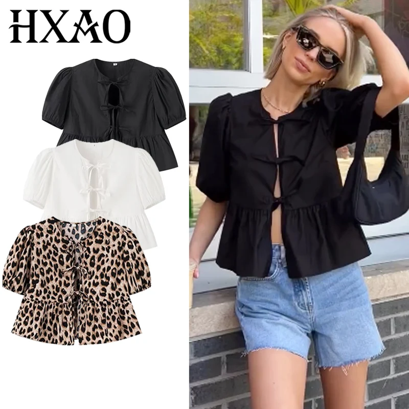 

HXAO Crop Bow Blouse Women's Shirt Autumn 2025 Loose Black White Leopard Shirt Fashion Cut Out Lace-Up Puff Short Sleeve Shirts