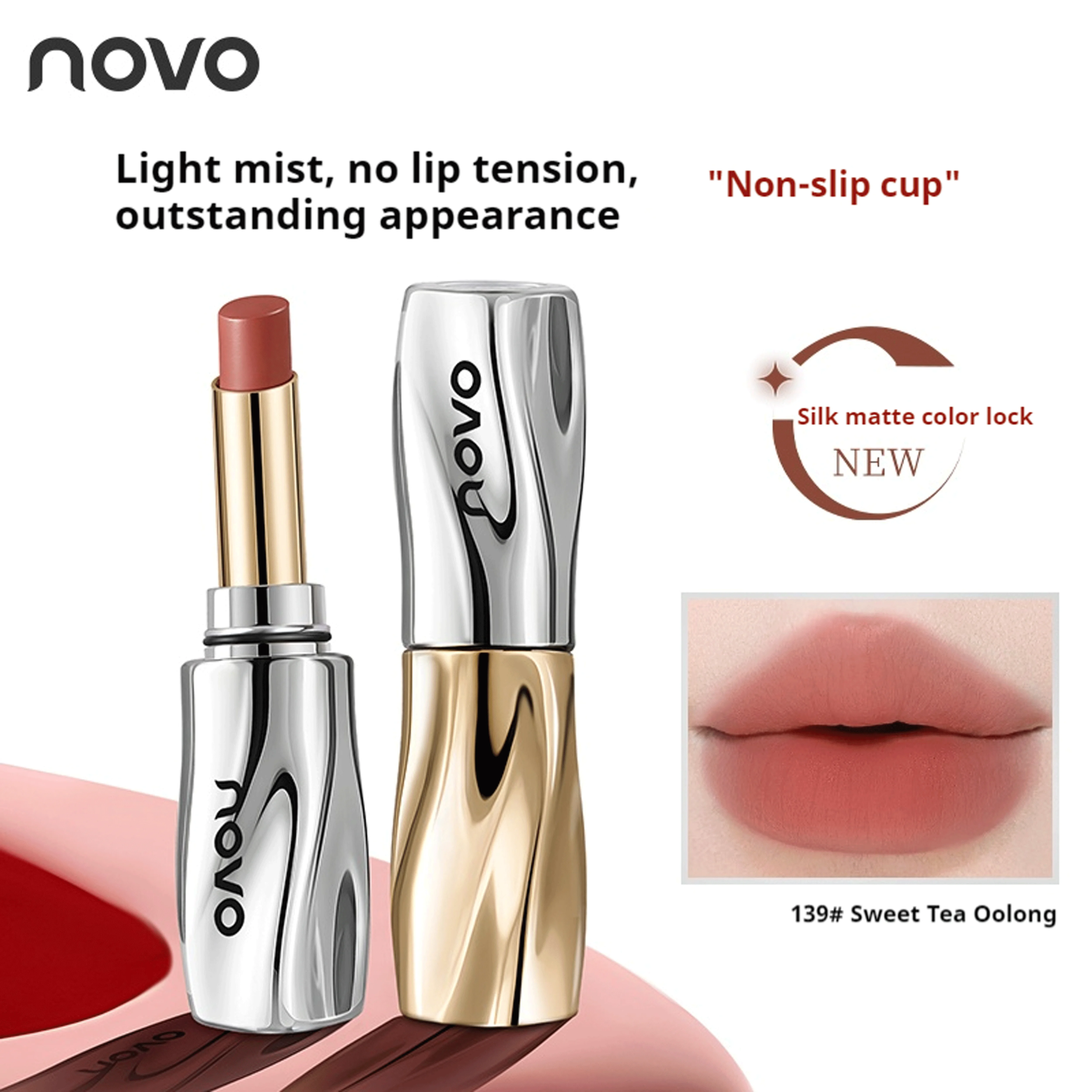 NOVO Wasserfester, schweißbeständiger, farbefreier, nicht transferrierender mattierter Lippenstift für den Alltag, natürliches Aussehen und Raffungen.