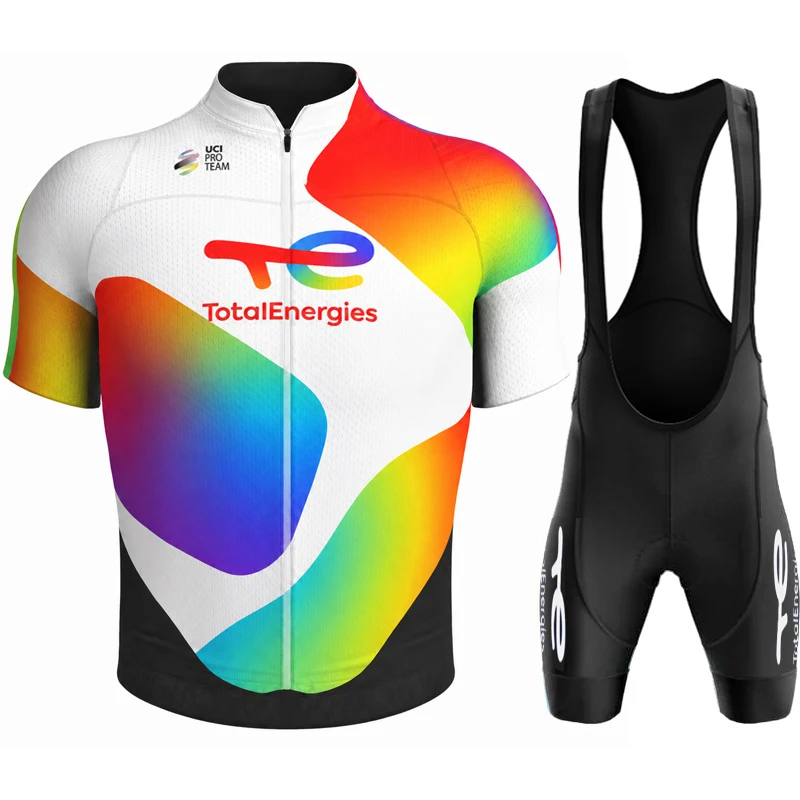TotalEnergies Summer Cycling Jersey Bib Shorts Set Men Short Sleeve Bike Breathable Quick Dry Lightweight Racing Sportswear Wear