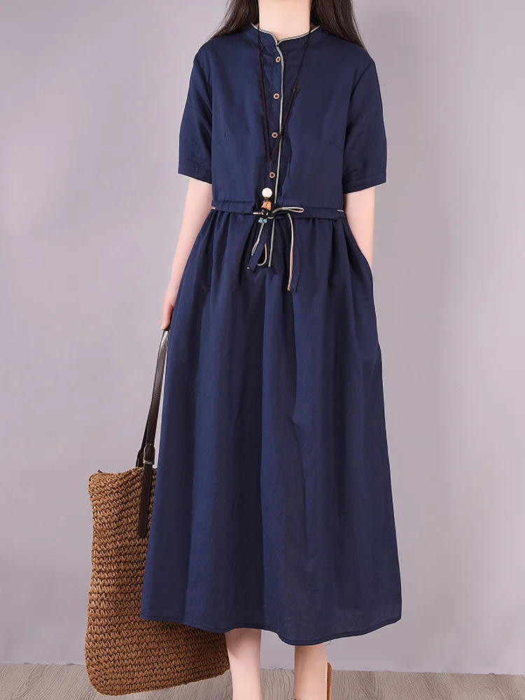 

Японская длинная юбка из хлопка и льна Dr Waist Cinched ort Sve, корейская версия, воротник-стойка, свободная талия, лето ...