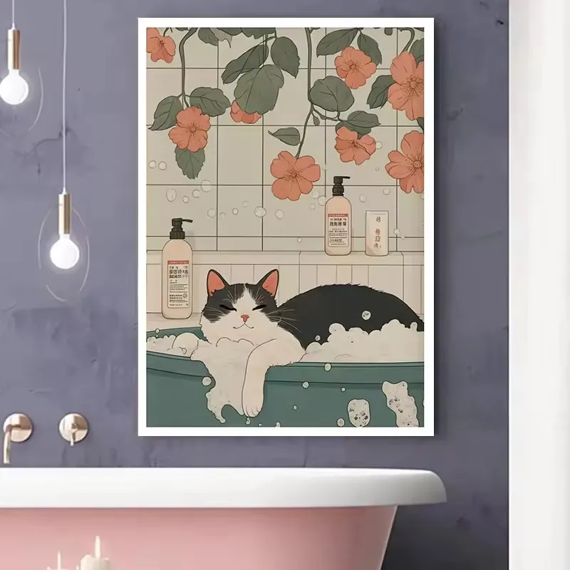 Japanese Bathtub Lazy Cat Bathing Art Poster Retro Aesthetics Canvas Print Mural Bathroom Living Room Bedroom Decoration Gift