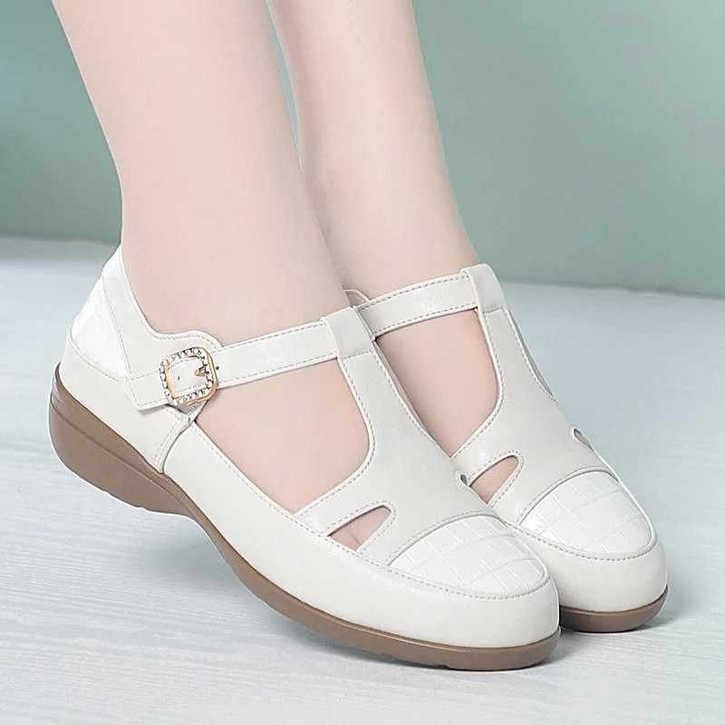 

PLus Size 34-43 Elegant All Match Breathable T Buckle Genuine Leather Shoes Spring Summer 2026 Flats Casual Shoes Loafers Daily