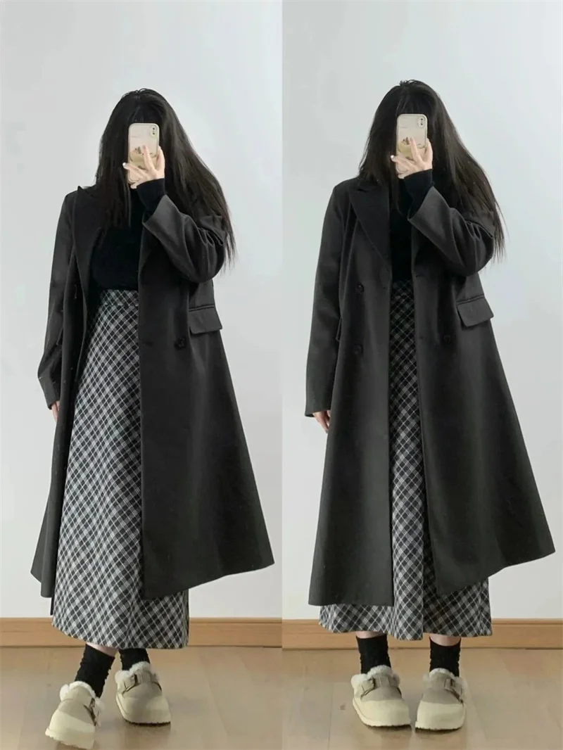 Checkered Straight Tube Woolen Skirt for Women High Waist Autumn and Winter Styles Fat mm Slim Medium to Long Styles Split Skirt