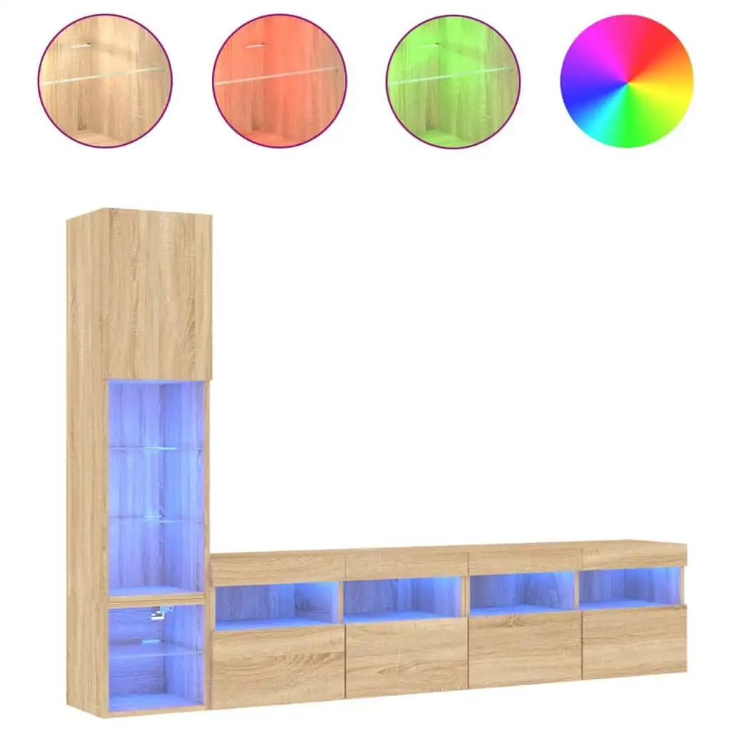 vidaXL Unités murales TV avec LED 4 pièces en bois d'ingénierie – design flottant moderne, espace de rangement optimisé, éclairage RVB personnalisable, idéal pour salon ou bureau