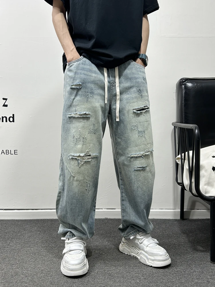 Retro Amerikanische Loch Denim Jeans Männer Sommer Neue Faion High Street Taille Im Freien Messer Hosen Gerade Bein Lose Fit