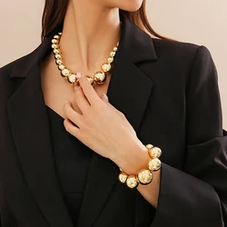 2PCS/SET Vintage Chunky Big Ball Choker Necklace Bracelet Jewelry Sets For Women Clavicle Chain Silver Gold Beads Set