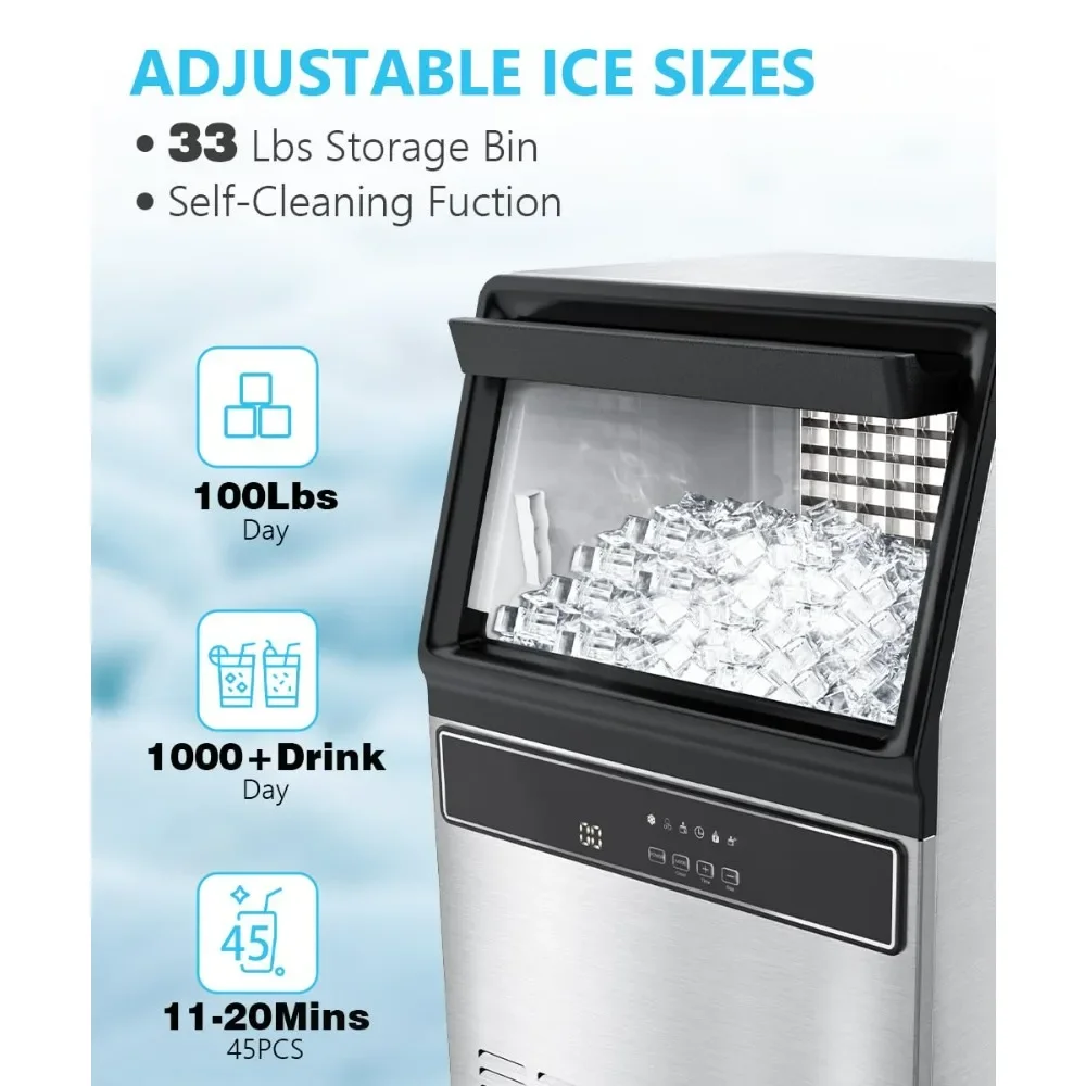 Commercial Ice Machine, 100 Lbs/24H Upgrate Ice Maker with Self Cleaning & 48 Hour Timer for Bar/Cafe/School/Home