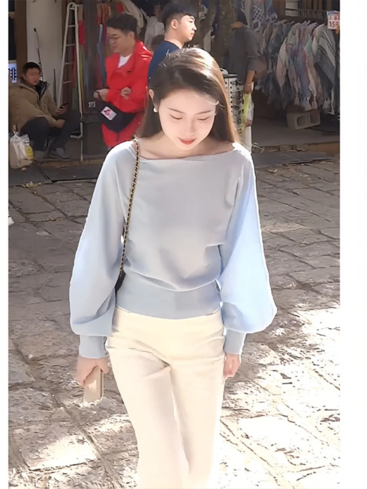 

Blue Knitted Long Sleeve Sweater Women's Spring Autumn Loose Lazy Style Waist-Cinching Short Top Commute Style Korean Version
