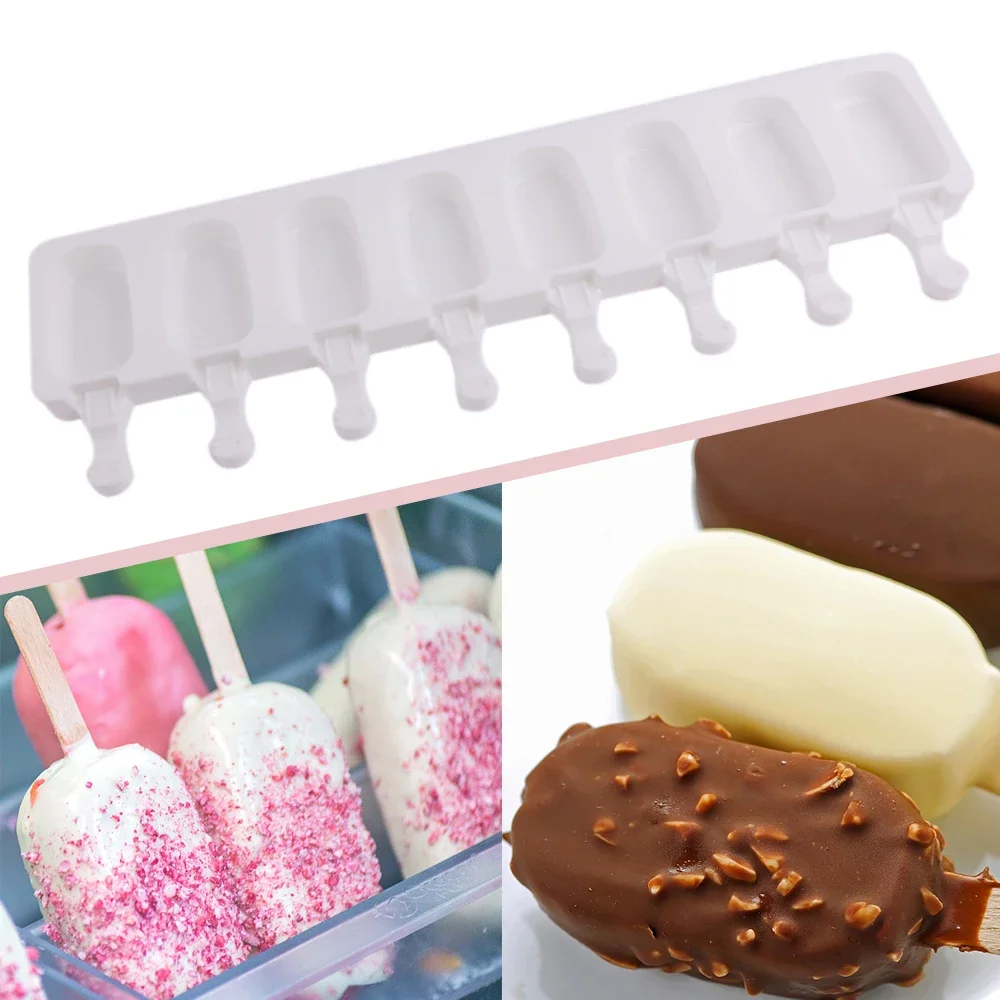 8-otworowa foremka do lodów Letnia foremka do lodów z patyczkami Desery DIY Ice Lolly Cake Mould Silikonowe owalne urządzenia do lodów