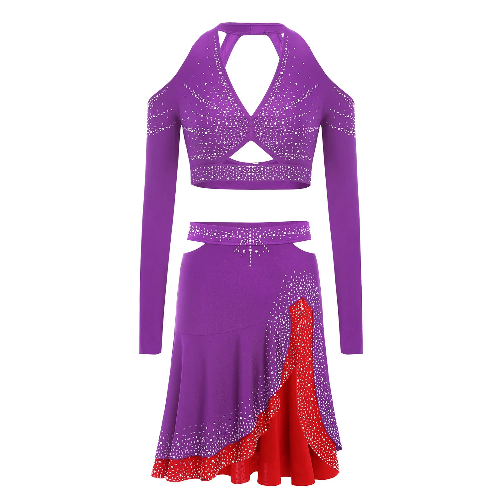Donne Jazz Balletto Abiti da ballo latino Strass Halter Manica lunga Crop Top con gonna Pattinaggio lirico Performance Dancewear