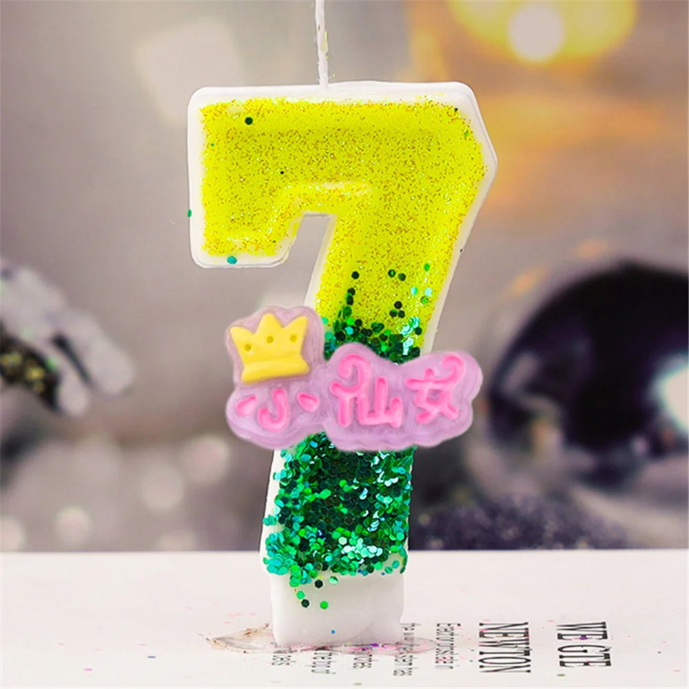 Number Candles Cake Decorations Yellow Green Birthday Holiday Boy Girl Colorful Crown Fairy Sequin Digit Candle Party Supplies