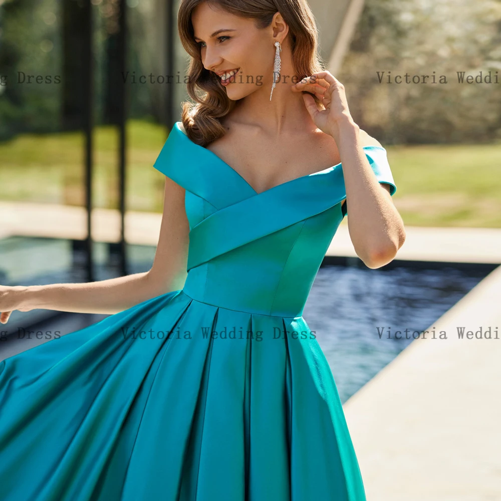 Simple Off Shoulder Mother of the Bride Dresses V Neck Wedding Party Gowns Front Slit Floor Length A-Line Satin فساتين السهرة