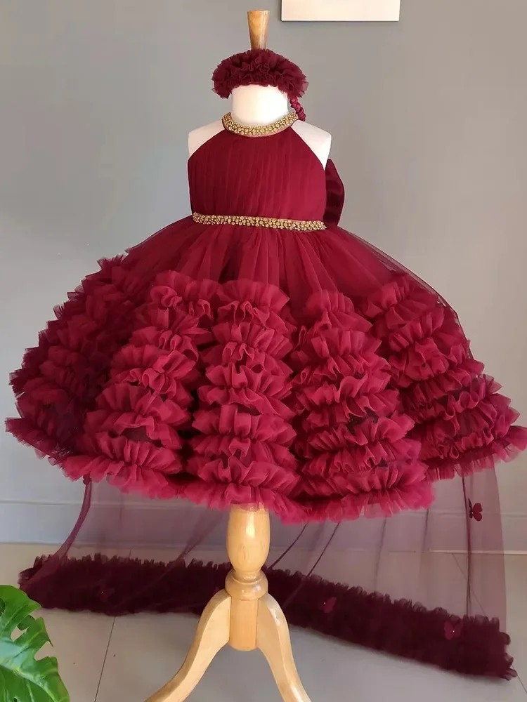 burgundy-tulle-flower-girl-dress-halter-neck-ruffled-skirt-gold-beaded-belt-popular-for-weddings