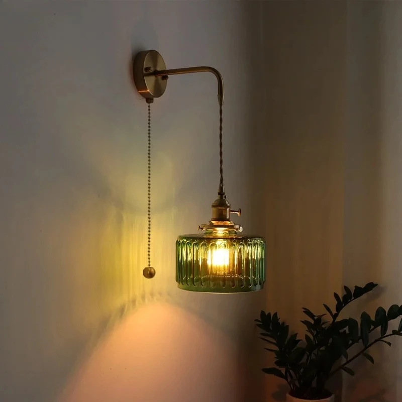 

IWHD Green Glass Copper LED Wall Lights For Bedroom Hallway Balcony Vintage Wall Lamp Pull Chain Switch Lampara Mesita Noche