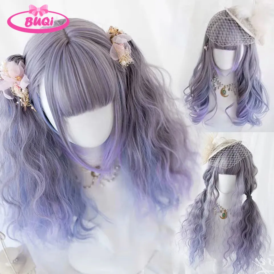 LM Wig Lolita panjang lurus sintetis, dengan poni pirang, coklat, hitam, Wig Cosplay dua warna, Wig keriting berombak Natal Halloween