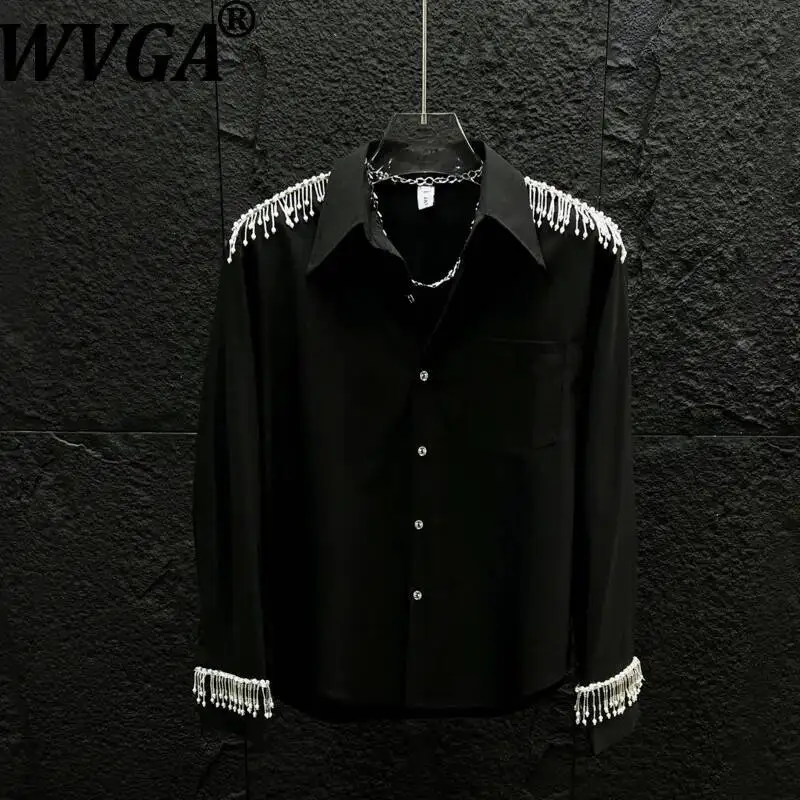 WVGA Spring New Men Unique Design Pearl Tassel Trendy Shirt Korean Style Light Luxury Loose Fit High-end Stylish Tops Ins W24568