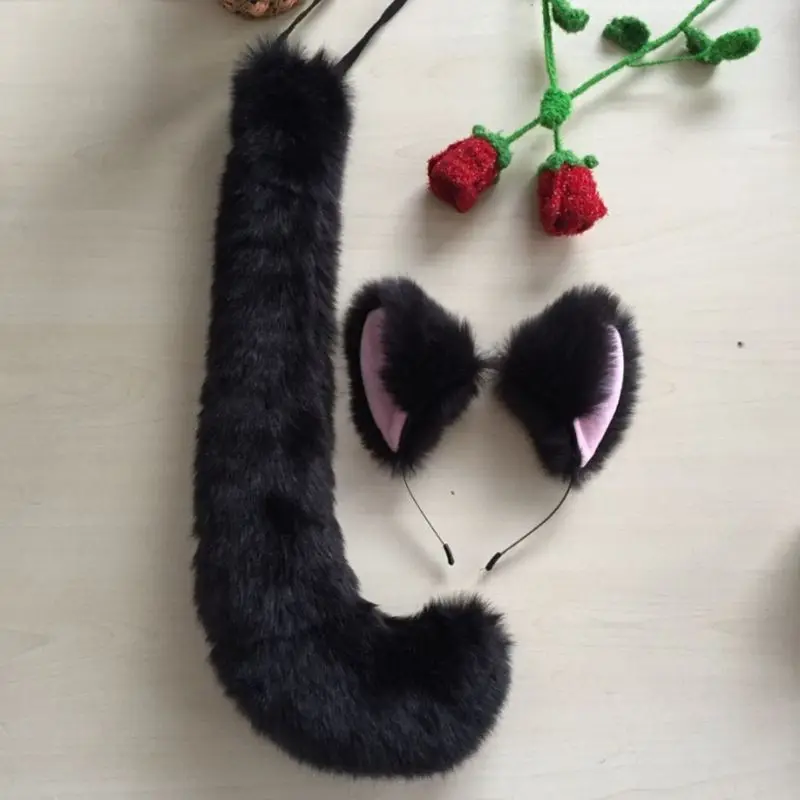 Y1UB dorosłe dzieci Anime jednokolorowe pluszowe dla kota wilk rekwizyty do Cosplay puszyste uszy zwierząt chustka obręcz do