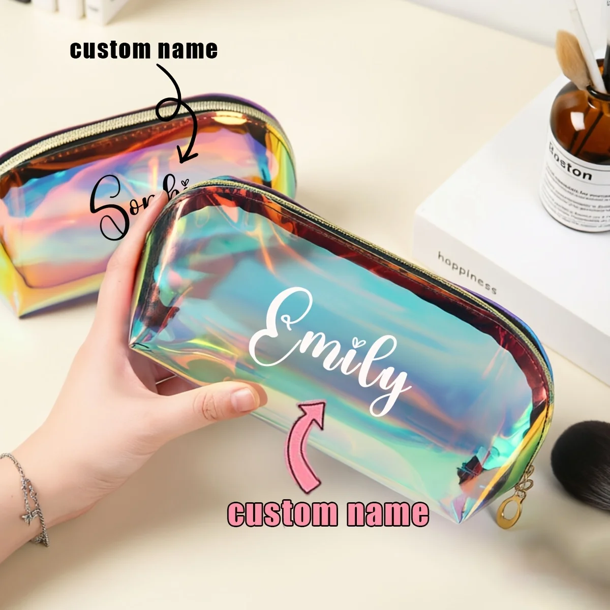 1pc Custom Name Laser Style Pencil Case, Stationery And Cosmetics Organizer, Iridescent Storage Bag, Gift for Friends And Family