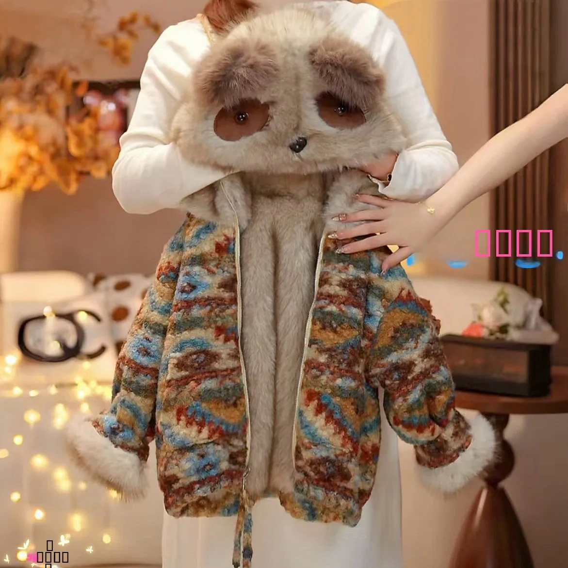 معطف أطفال من الفرو الصناعي قابل للارتداء على الوجهين، دافئ للغاية، بتصميم لطيف على شكل باندا، ملابس خارجية شتوية، فضفاضة وعصرية