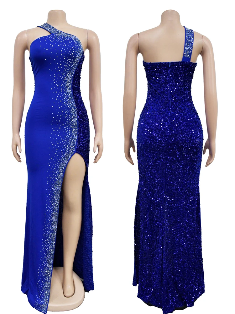 فستان BWQ نسائي مثير بكتف واحد أنيق من حجر الراين لعيد الميلاد فستان ماكسي سبليت سباركلي حفر ساخن ملابس ضيقة للحفلات الليلية