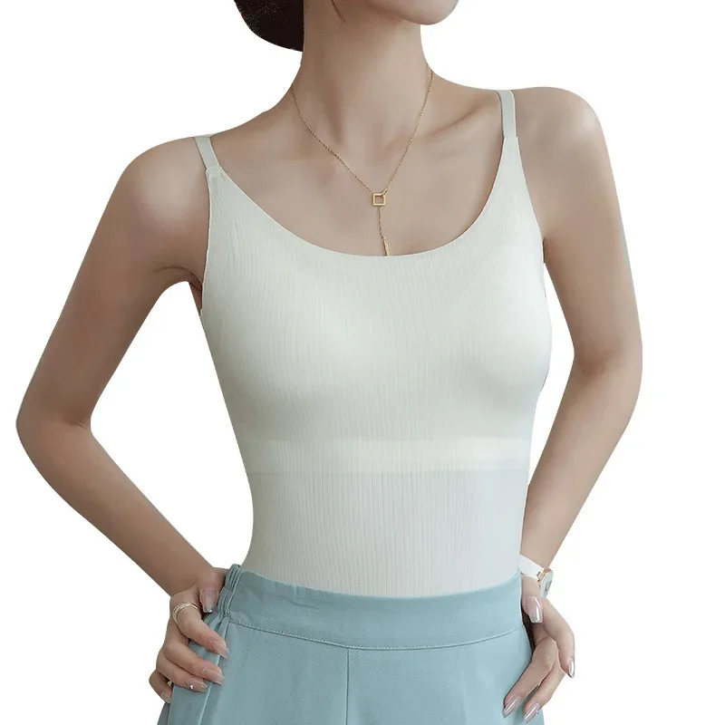 Seamless camisole bra with built-in chest pads, long-length outerwear, versatile base top