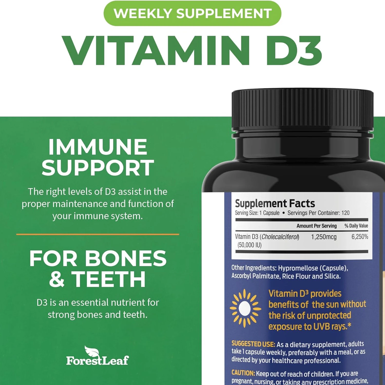 Vitamin D3 Supplement Capsules 50,000 IU - Immune System Booster, Strong Bones & Teeth