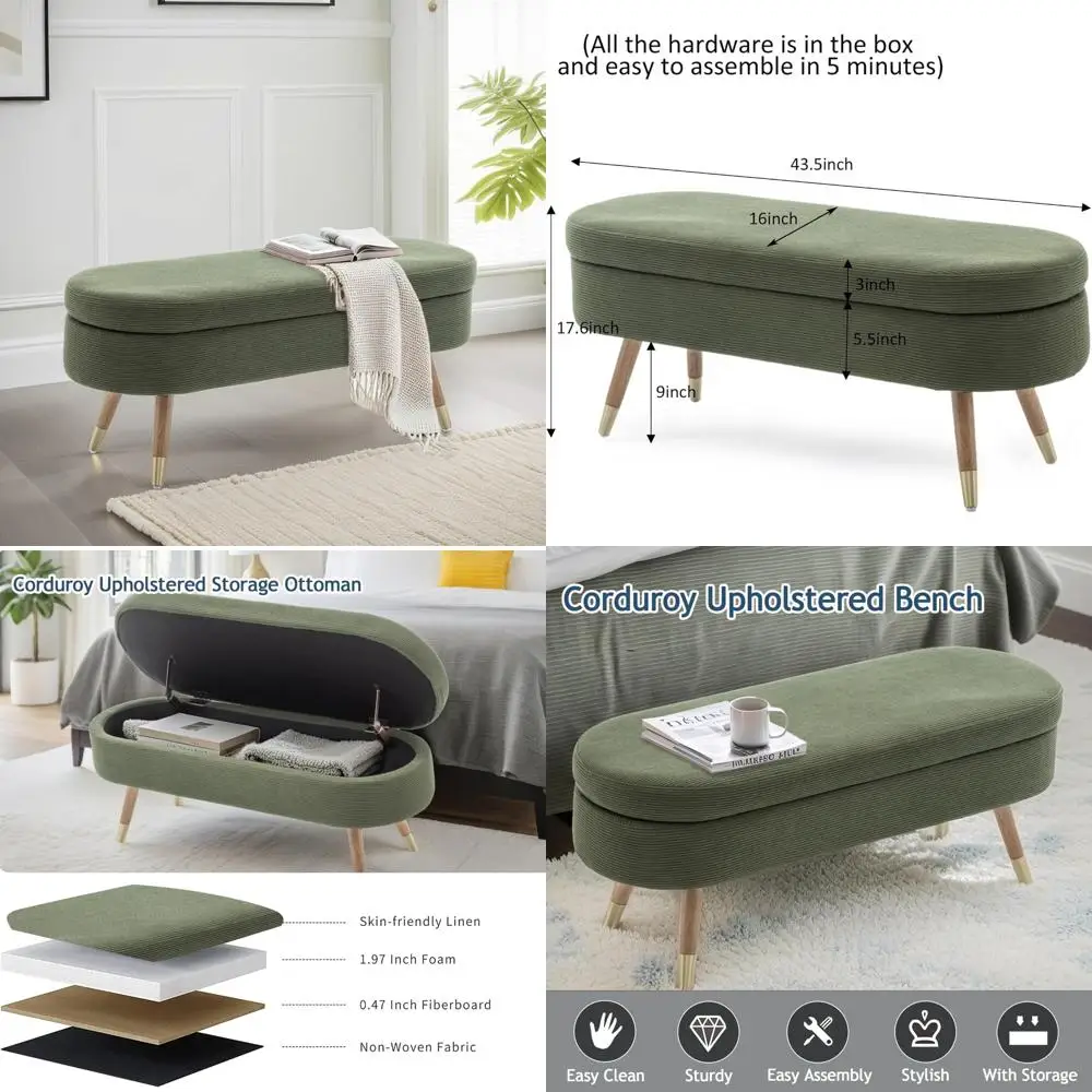

Upholstered Oval Storage Ottoman Bench with Boucle Fabric and Golden Legs for Bedroom