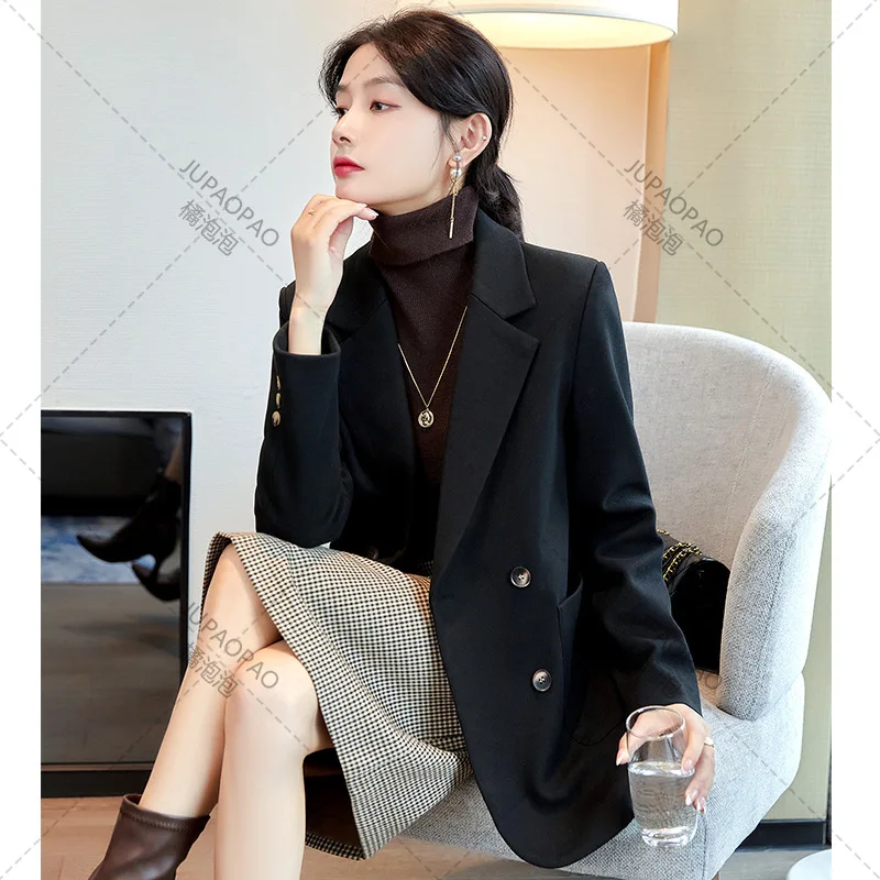 JU PAOPAO-Tricolor Woolen Blazer for Women, Thick Double Breasted, Small Suit, Casual Business Coat, Winter, New, 2021