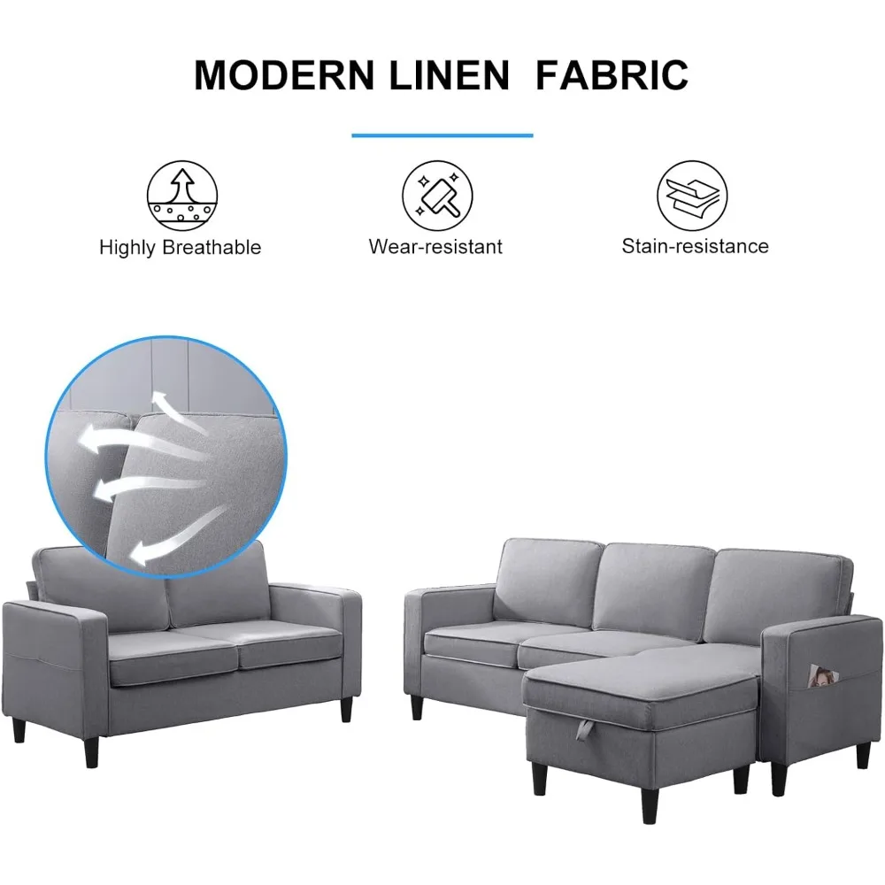 2Piece Sofa Set for Living Room,Modural Convertible Loveseat and Sofa Set,Modern Linen Fabric L Shaped and Loveseat Sofa Set  2