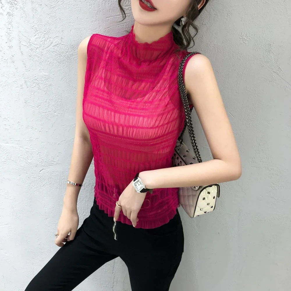 

Perspective Short T Shirt Women Sexy Wave Edge High Collar T-shirt Woman Summer Stand Collar Chiffon Sleeveless Vest Tops Girl