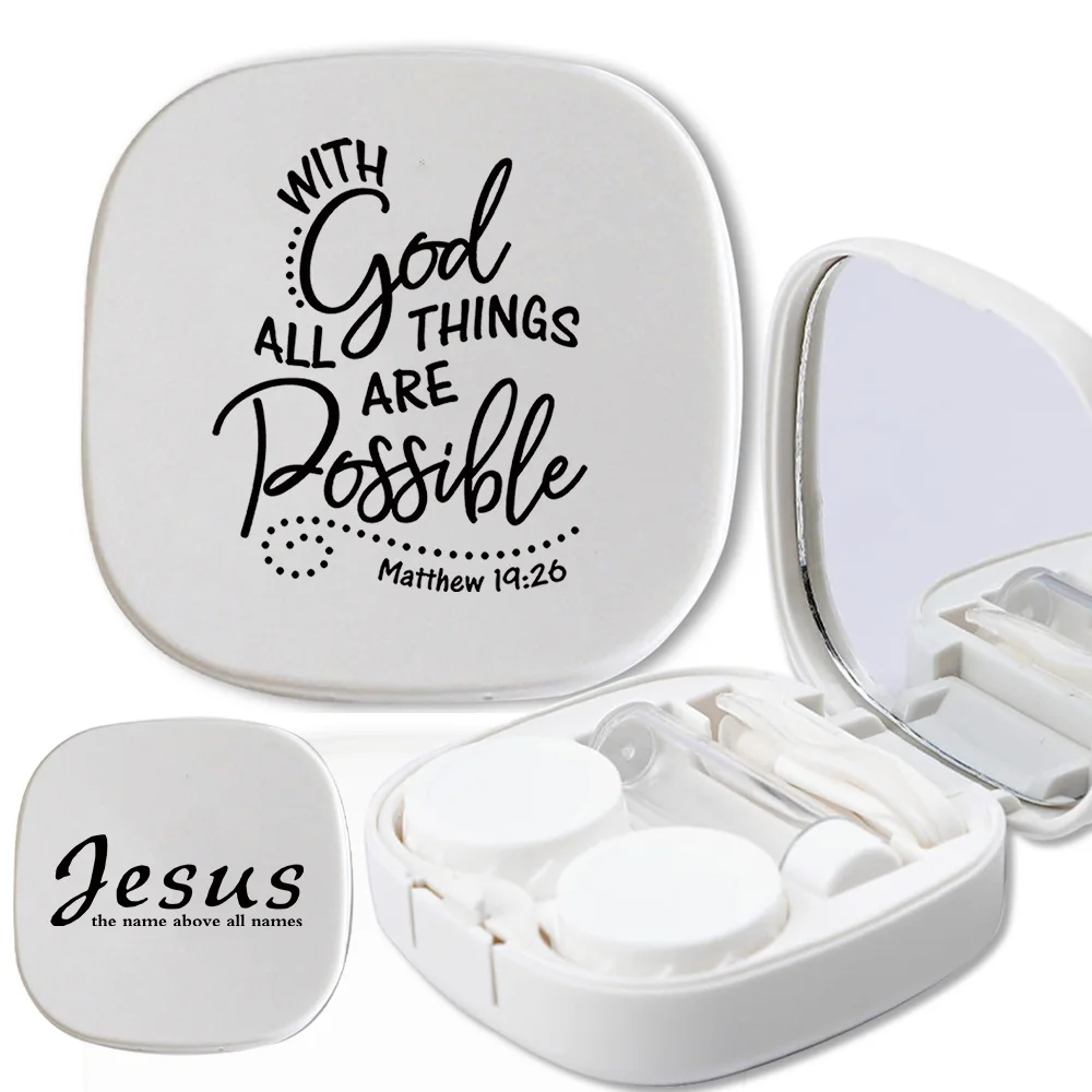 Caja de lentes de contacto para ojos con espejo, estuche de viaje, contenedor de remojo, maquillaje, belleza, pupilas, almacenamiento, patrón de letras de Jesús