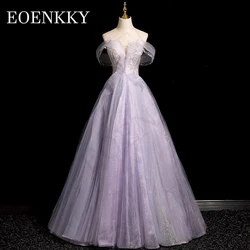 Purple Off Shoulder Birthday Dresses Luxury 2024 Beadings Pearls A Line Tulle Prom Dress فساتين حفلة موسيقية Sweetheart Neck