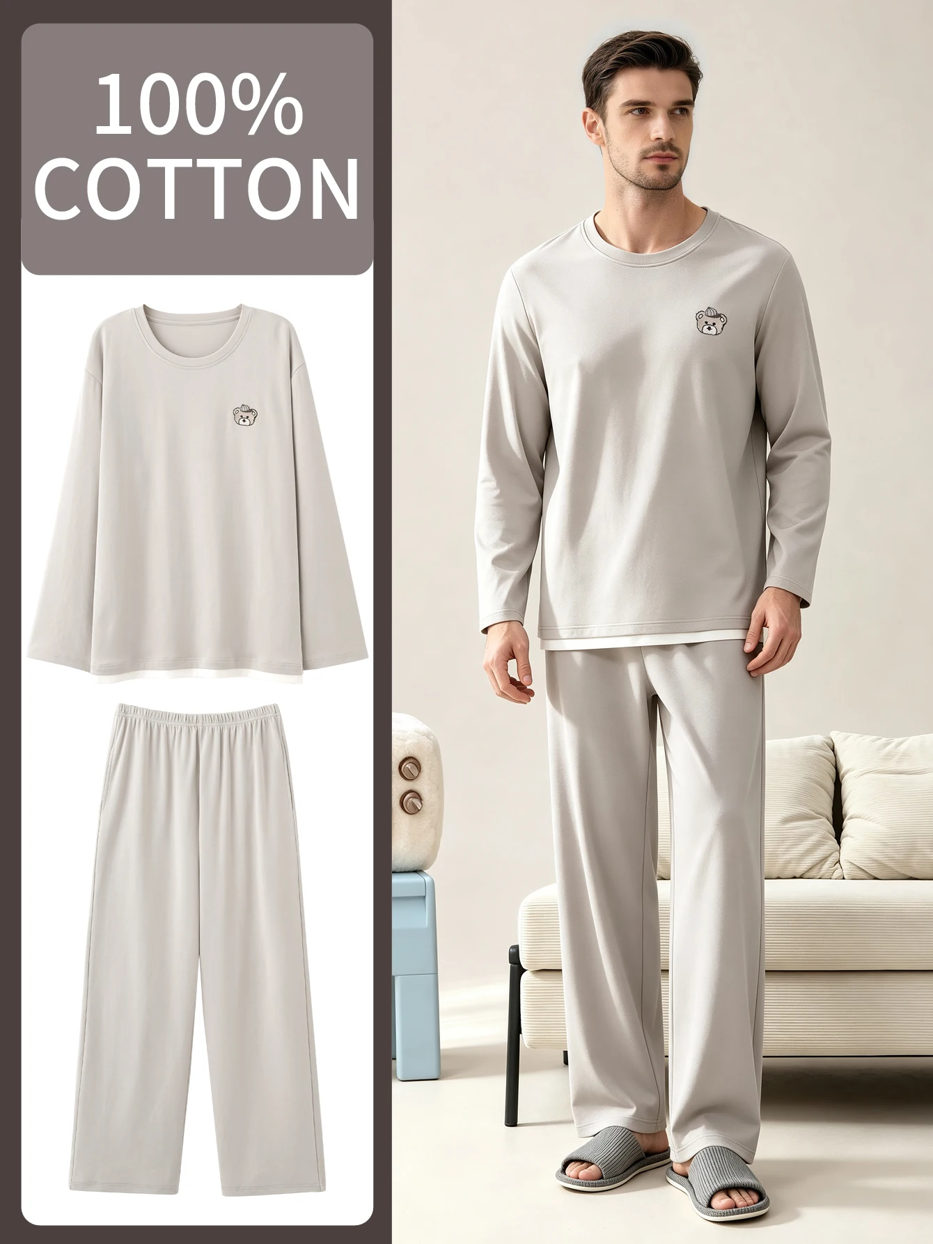 Men's 100% cotton long sleeved four season plus size men's sleepwear, teenage pure cotton home suit set for warmth