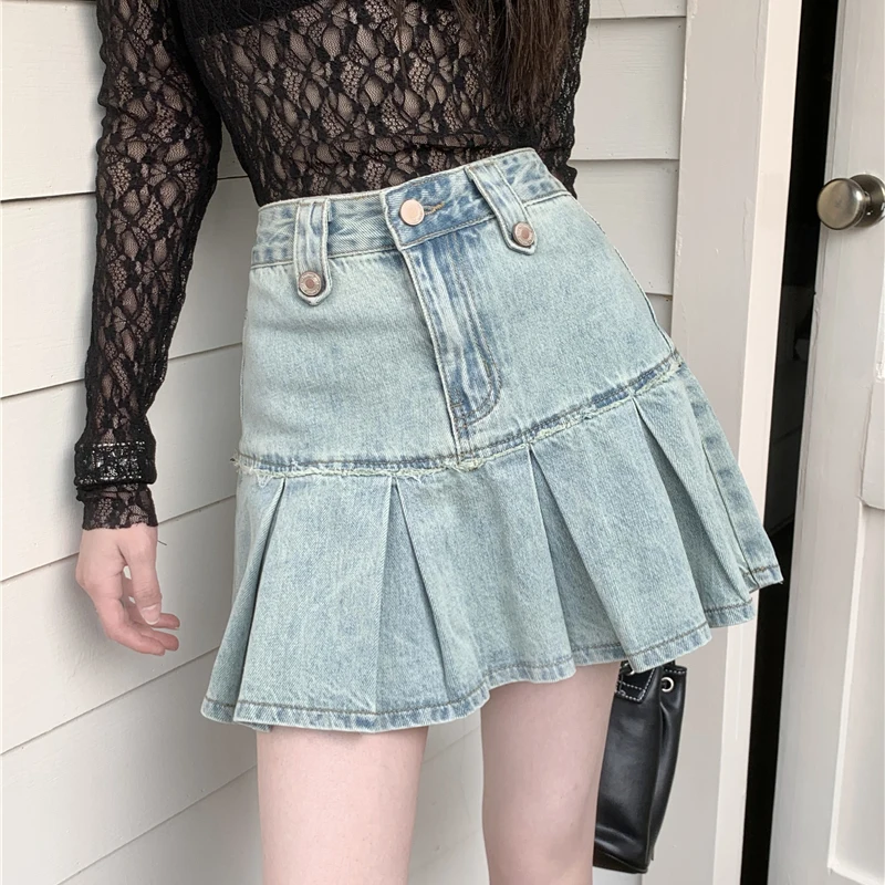 Vintage Pleated Jeans Skirts Women Light Blue High Waist Skirts with Shorts Summer Beach Short Mini Skirts Girls Streetwear Chic