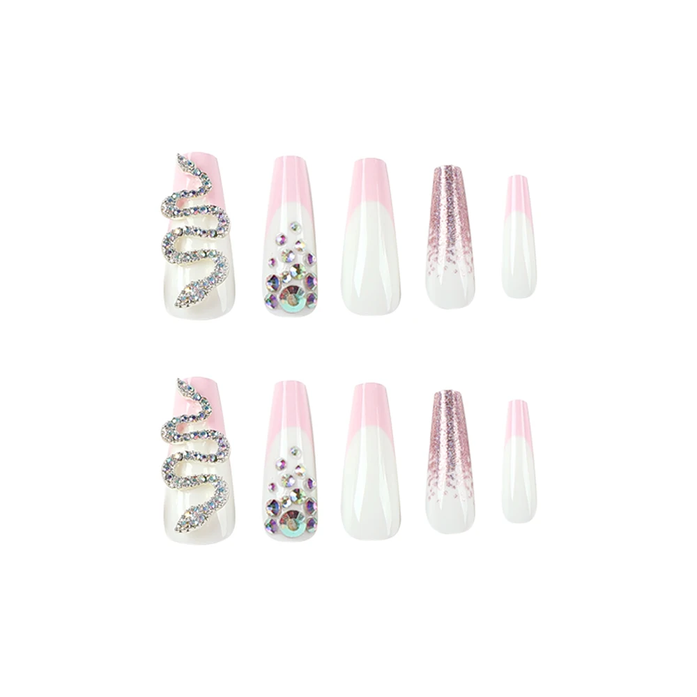 JP3249 QTCJ 24Pcs Pink French with pink-purple glitter and serpentine rhinestones to wear the finished manicure