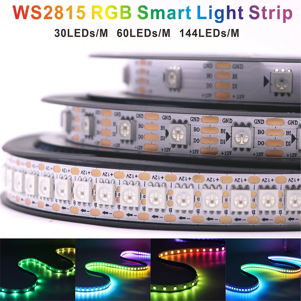 WS2815 color-changing LED strip light with dual signals. It operates at DC12V, features flexible and individually addressable sm