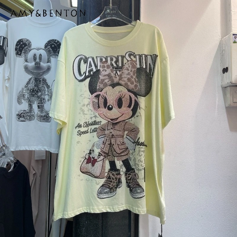 

Trendy Summer Heavy Craft Full Rhinestone Cartoon Tees Fashion Loose Mid-length Short Sleeved T-shirt Women's Crew Neck Pullover