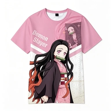 Kamado Nezuko Breathable Mesh Pink White Contrast Anime Printed Casual Loose Quick Drying T-shirt with Demon Slayer Blade