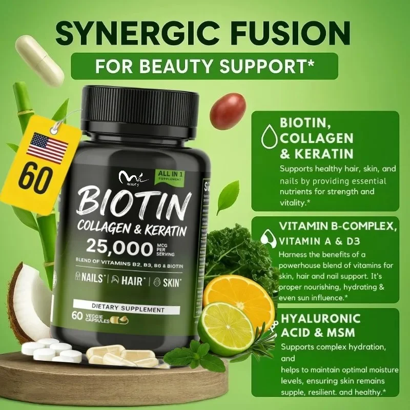 Biotin 10000mcg Capsules Containing Collagen, Keratin, Hyaluronic Acid B Complex -Hair, Skin, and Nail Vitamins Health Support