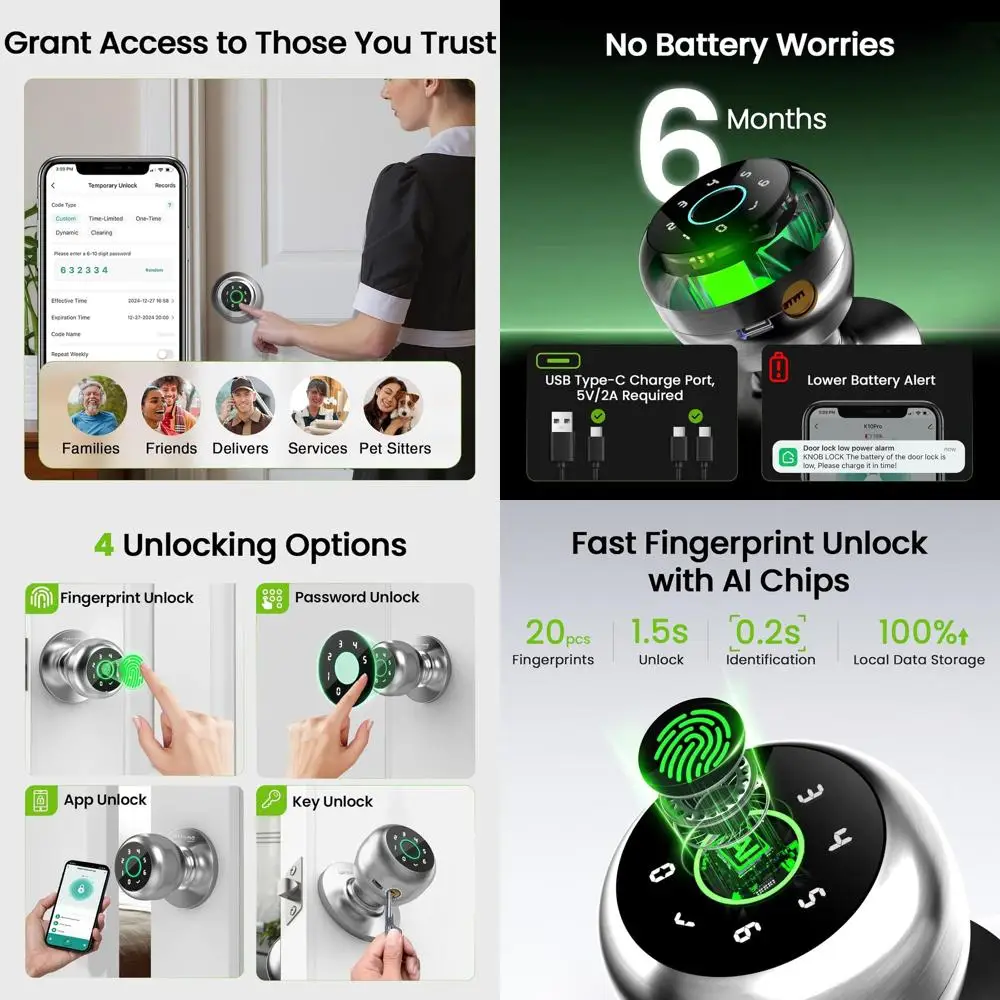 4-in-1 Smart Fingerprint Door Lock with Keypad, App Control, Auto-Lock for Home, Office, and More