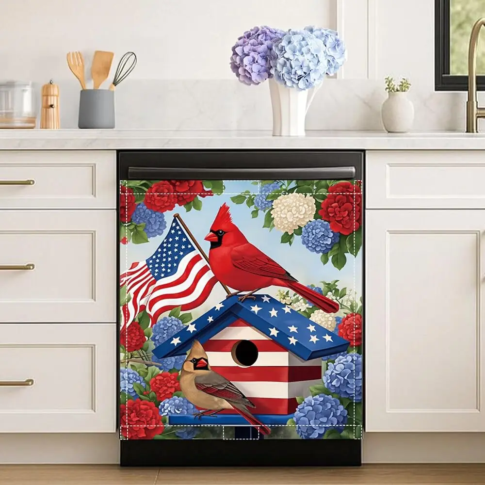 

Магнитная накладка на посудомоечную машину с флагом США и птицами, 23x26 дюймов, дизайн «Патриоты 4 июля», с изображением кардинала, американский флаг