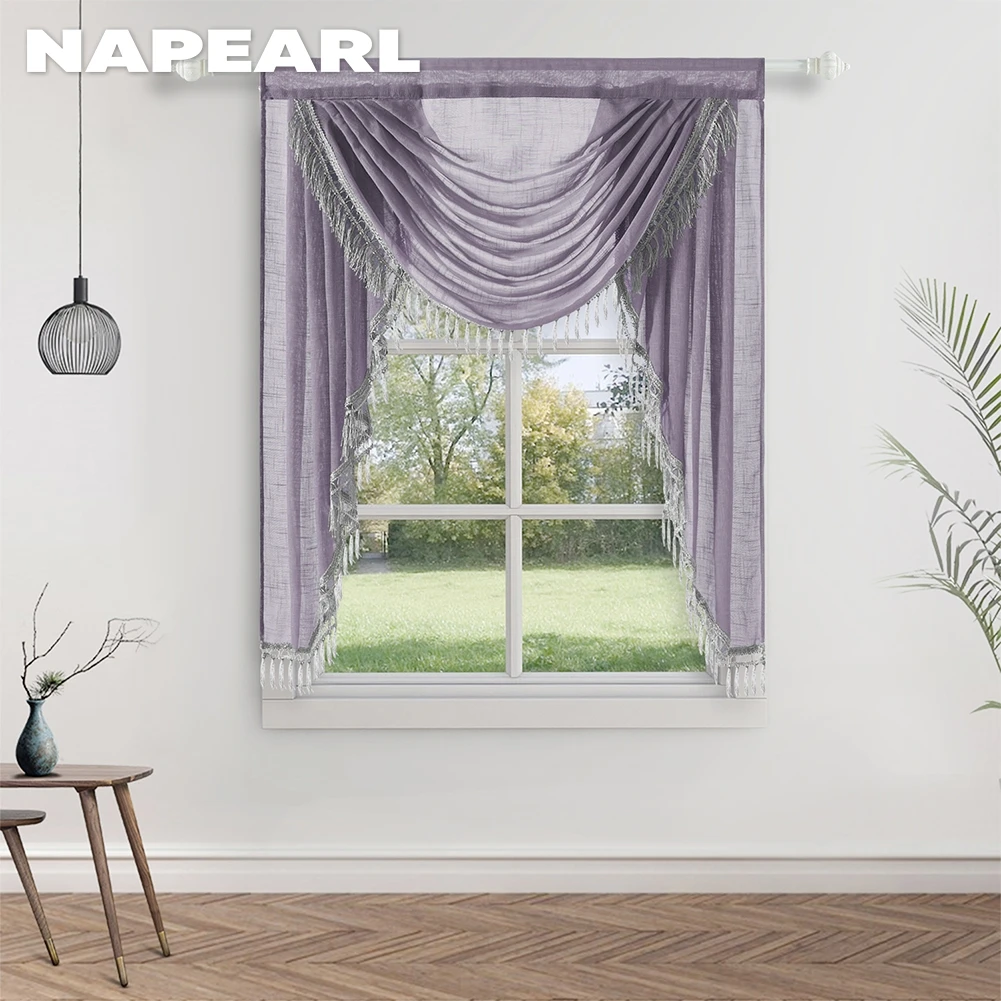 NAPEARL Solid Tulle Sheer Curtain Valance Tassel for Small Window Curtain Living Room Rod Pocket 1PC