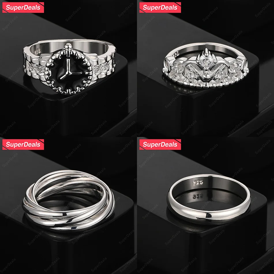 

SuperDeals 925 Sterling Silver Watch Crown Multi-Circle Round Ring Women's Fashion Design Jewelry Birthday Party Fine Gift