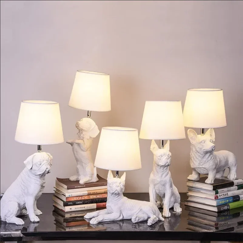 Nordic Danish Retro Puppy Table Lamp Bedroom Bedside Lamps Living Study Desk Light Children's Room Resin Lighting Decor Fixture