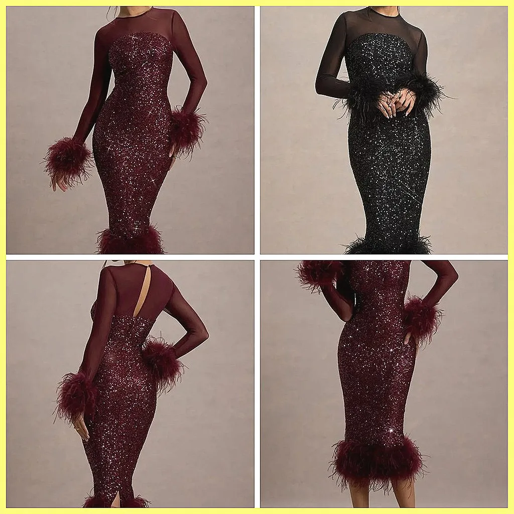 

Sparkle Feather Trim Evening Dress 2026, Mesh Long Sleeve Slim Party Gown for Women Club Night