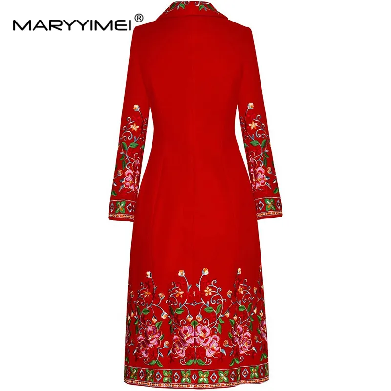 MARYYIMEI Autumn and Winter Women's Fashion Coat Notched Single-Breasted Long Sleeved Embroidery Design Black/Red Overcoat