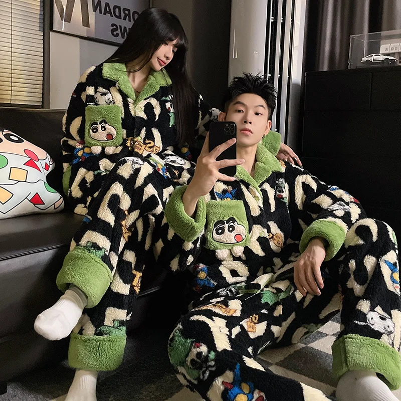 Crayon Shin-chan Pajamas Set Winter Women Men Solid Warm 2PCS Thicken Velvet Fleece Set Couple Casual Pajama Sets Home Suit Gift